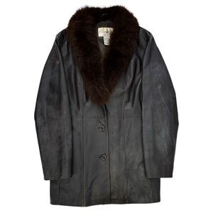 Vintage Chadwick’s Real Fox Fur Trimmed Black Long Genuine Leather Jacket